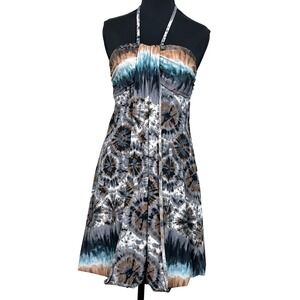Y2K Women's Tie-Dye Babydoll Halter Dress Large Turquoise Brown Mini Boho Fairy